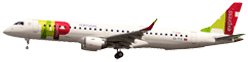 Side view of the Embraer 195 taking flight with the wheels visible. The plane is white and has the TAP Air Portugal Express logo at the tip of the side, on the helm, and at the tip of the wings. Above the last windows, one can read the link flytap.com.