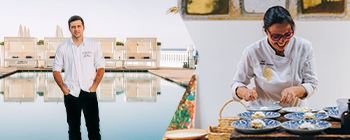 Split image. On the left-hand side, a full-body photograph of Chef João Oliiveira. The Chef is wearing a white shirt and black pants and has his hands in his pockets. Behind him lies a swimming pool, whose calm waters mirror the surrounding landscape, complete with garden furniture such as sun loungers and parasols. On the right-hand side, a photograph of Chef Noélia Jerónimo from the waist up. The Chef is wearing a coat, has a smiling face and is looking down at a set of eight plates placed on the table in front of her. Around these plates are other instruments used in the kitchen and service area, such as Tupperware, baskets and spice jars.