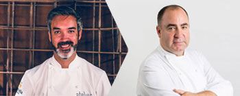 Bipartite image. On the left, a photo from the waist up of Chef Henrique Sá Pessoa facing the camera head on with an open smile. On the right, a 3/4 photo from the waist up of Chef Vítor Sobral with his arms crossed and a serene expression on his face.