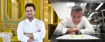 Split image. On the left is a full body photo of Chef Arnaldo Azevedo. The Chef is wearing a white coat and has his arms crossed, looking straight into the camera with a smile on his face. Behind him is a sumptuous dining room, all in gold tones. On the right is a photo of Chef Rui Paula from the waist up. The Chef is wearing a white coat and is leaning over a table with his elbows on the table and his hands crossed. In front of him, a large square plate is being prepared with a few mounds of mashed potatoes arranged on it, and behind him is a large kitchen. 