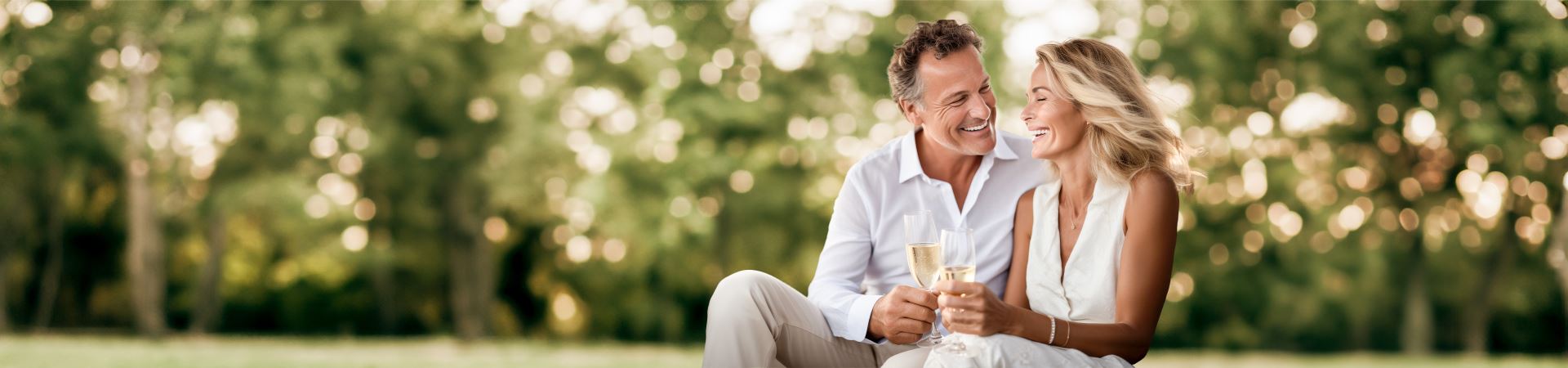  This photo shows a couple—a man and a woman—sitting and smiling at each other. They are both holding a glass of champagne in their hands. The background consists of trees and abundant greenery.
